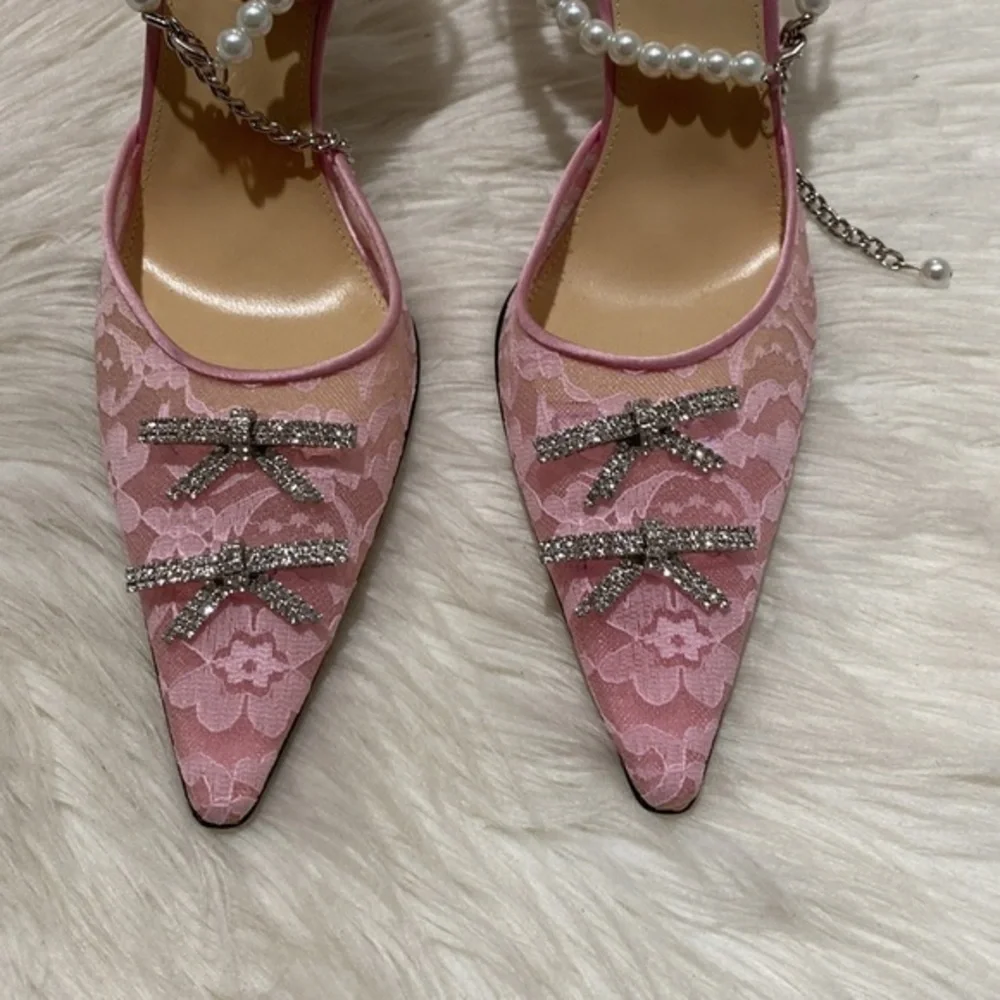 Mach & Mach Mini Bow embellished pink kitten lace pump heel‎ size 36EU